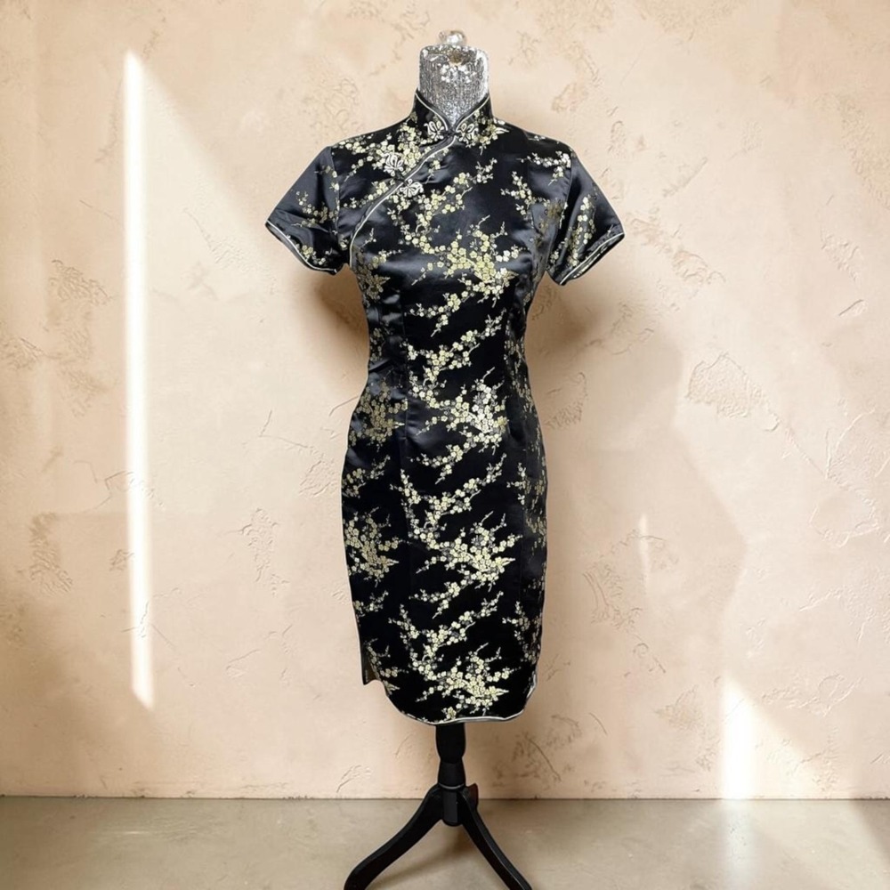 Black‎ Gold Floral Silk Cheongsam Mandarin Collar Qipao Maxi Dress Size 36 Party